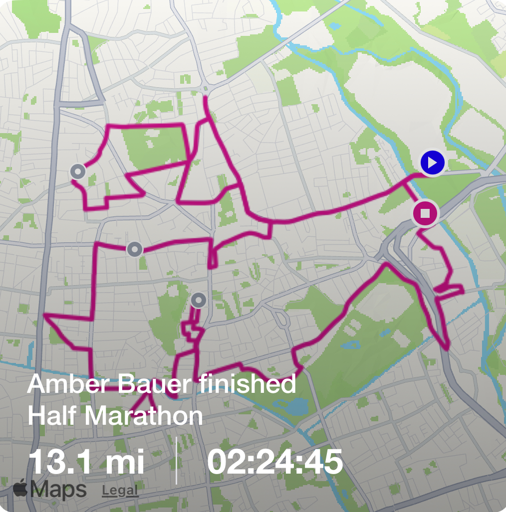 Map showing the completed 13.1-mile route of a half marathon with a time of 2 hours, 24 minutes, and 45 seconds. Blue and purple markers indicate start and finish points. | Support refugees across Europe in Greece, France, the UK and the Balkans