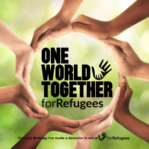 Red ribbon shaped into a heart on a wooden surface with text: "One World Together for Refugees. For Valentines, I've made a donation in aid of forRefugees. | Support refugees across Europe in Greece, France, the UK and the Balkans